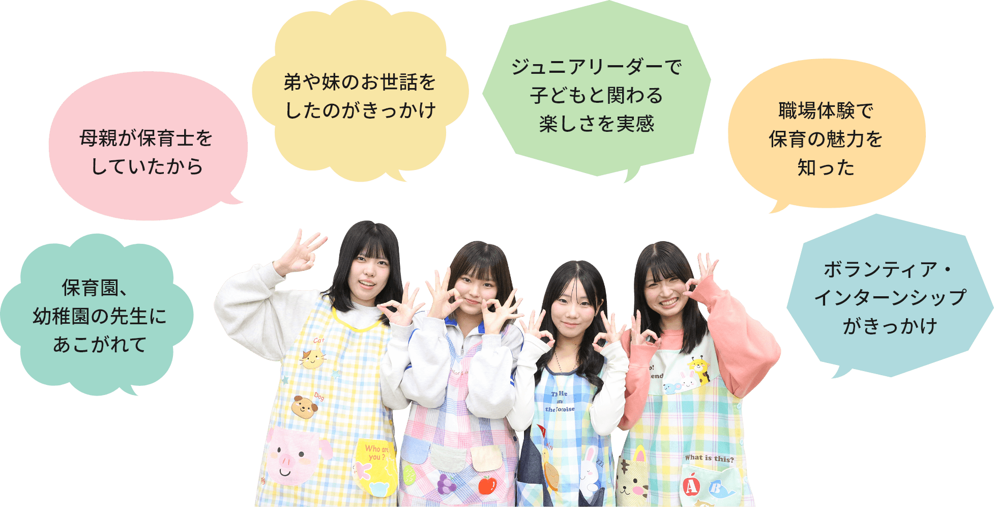学生が保育を目指したきっかけ。母親が保育士、弟や妹のお世話、ジュニアリーダー、職場体験、先生への憧れ、ボランティア・インターンシップなど